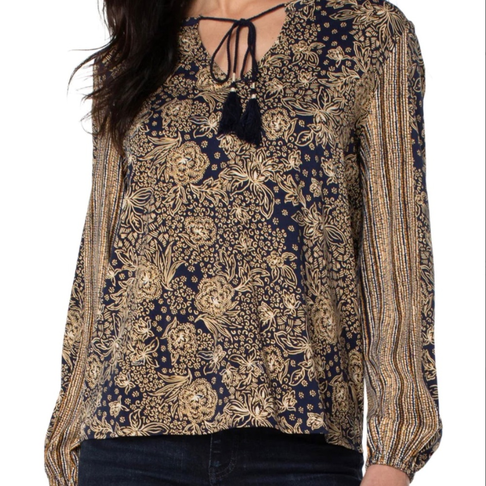 NWT Liverpool Tie Front Popover Blouse, Lg, Indonesian Floral Print